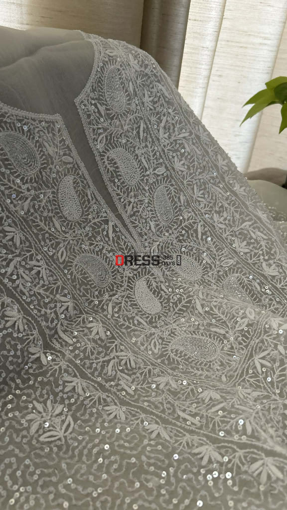 Exclusive White Full Jaal Organza Pearl Sequin Chikankari Suit - Chikankari Suits