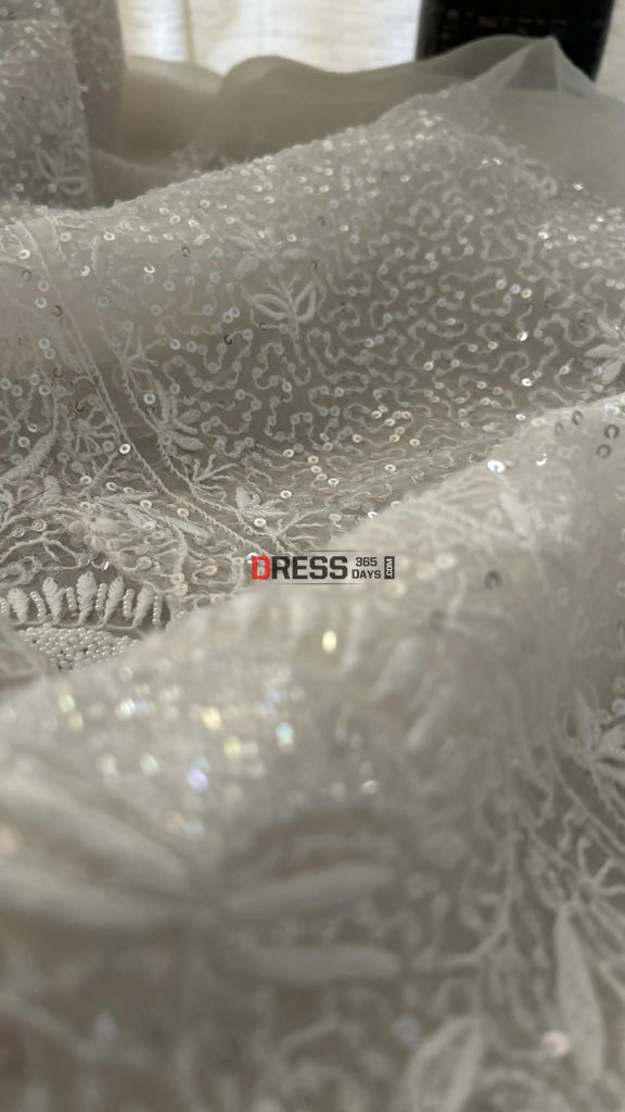 Exclusive White Full Jaal Organza Pearl Sequin Chikankari Suit - Chikankari Suits