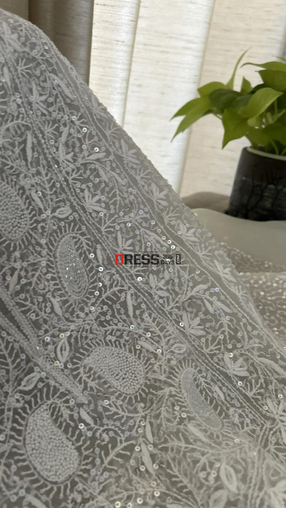 Exclusive White Full Jaal Organza Pearl Sequin Chikankari Suit - Chikankari Suits