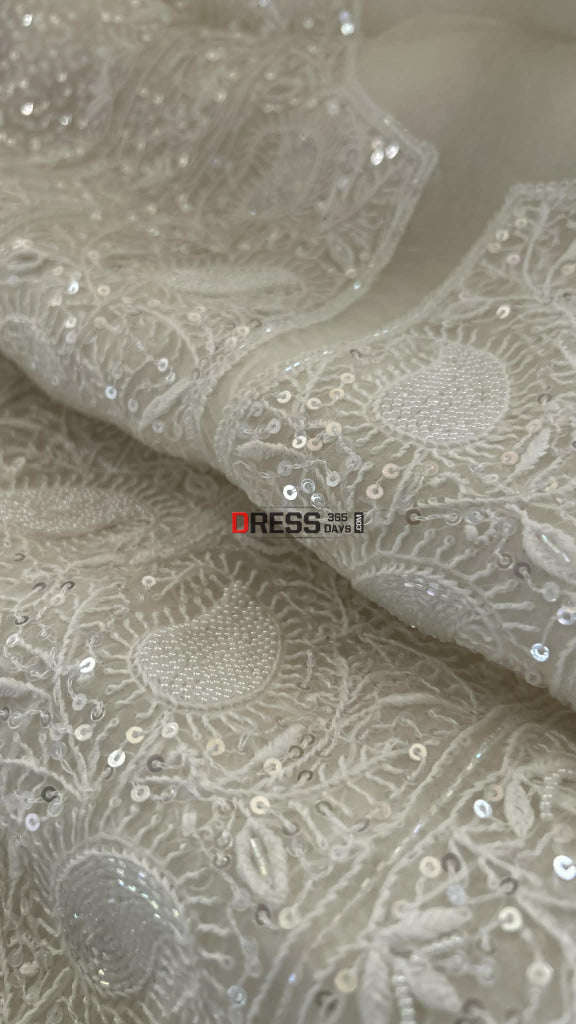 Exclusive White Full Jaal Organza Pearl Sequin Chikankari Suit - Chikankari Suits