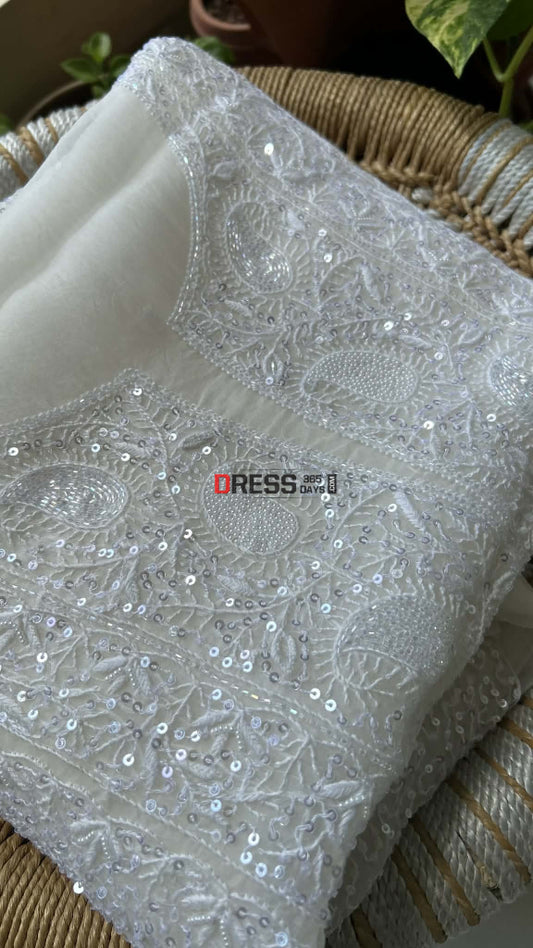 Exclusive White Full Jaal Organza Pearl Sequin Chikankari Suit - Chikankari Suits