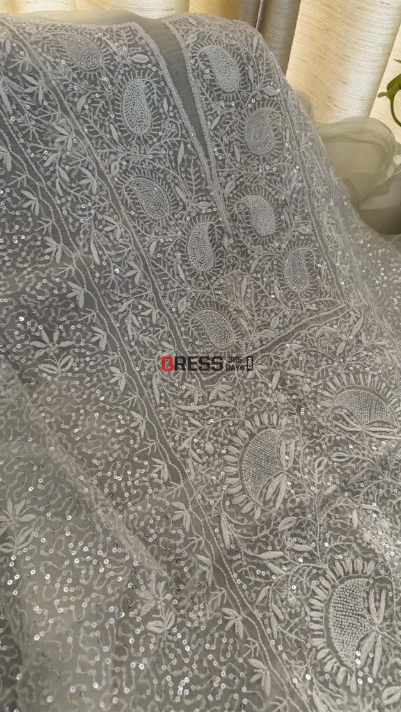 Exclusive White Full Jaal Organza Pearl Sequin Chikankari Suit - Chikankari Suits
