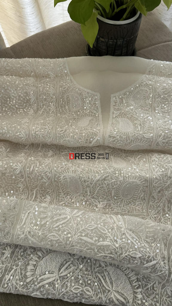 Exclusive White Full Jaal Organza Pearl Sequin Chikankari Suit - Chikankari Suits