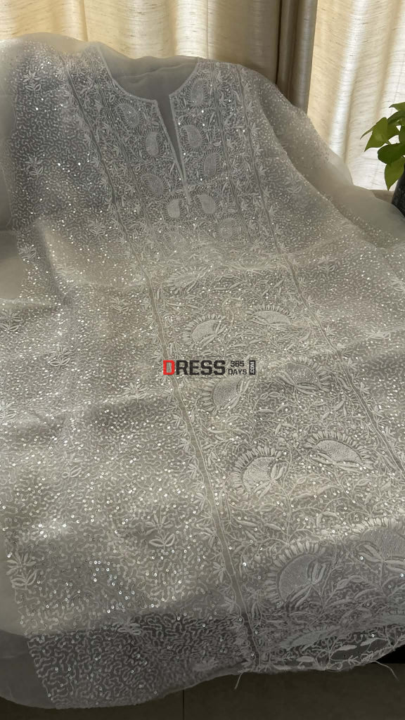 Exclusive White Full Jaal Organza Pearl Sequin Chikankari Suit - Chikankari Suits