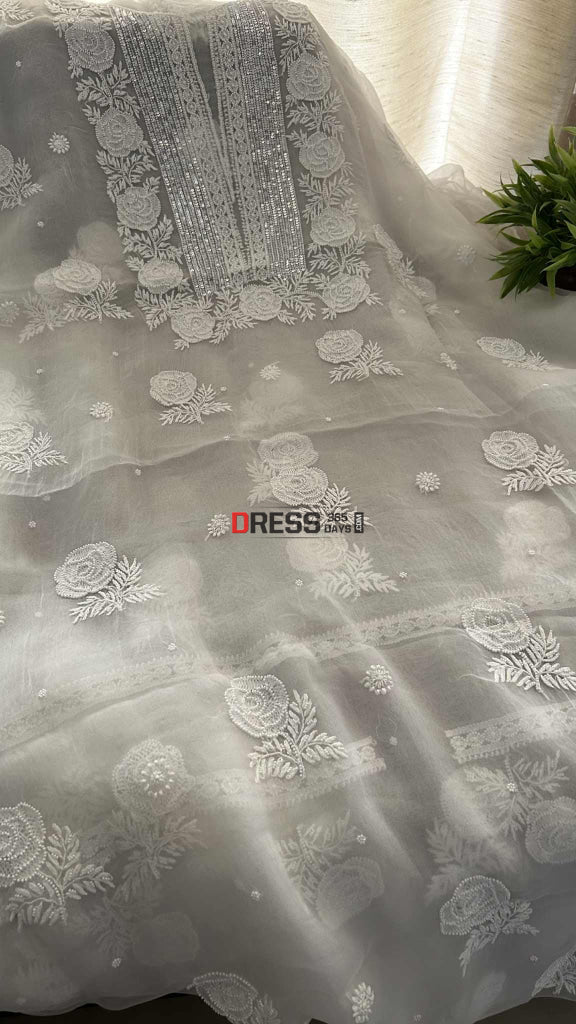 Exclusive White Organza Pearl Chikankari Suit Chikankari Suits