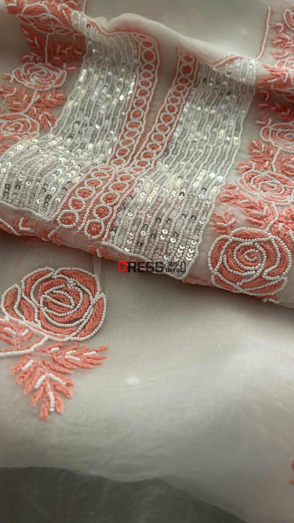 Exclusive White & Peach Organza Pearl Chikankari Suit Chikankari Suits