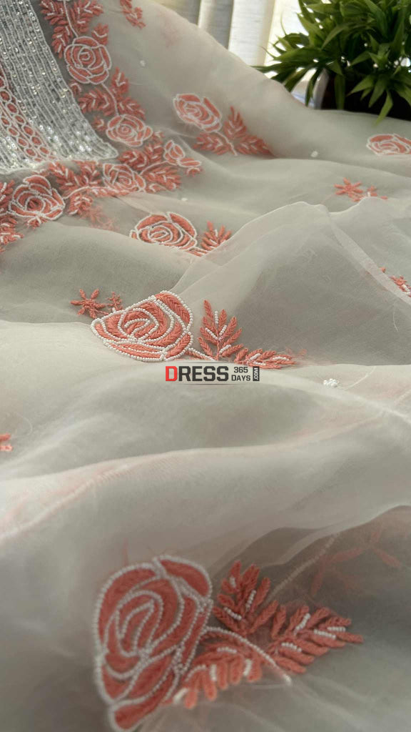 Exclusive White & Peach Organza Pearl Chikankari Suit Chikankari Suits