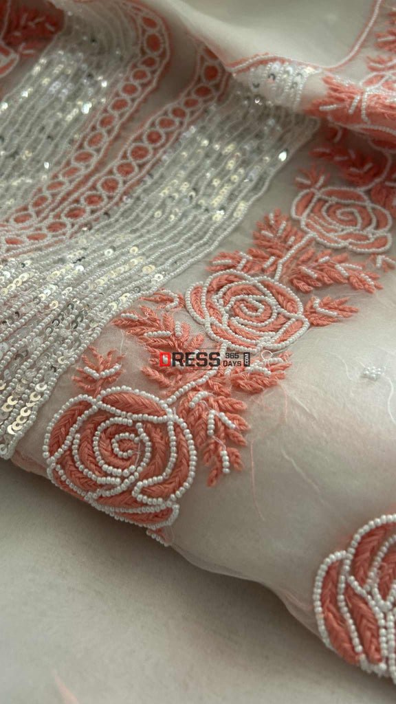 Exclusive White & Peach Organza Pearl Chikankari Suit Chikankari Suits