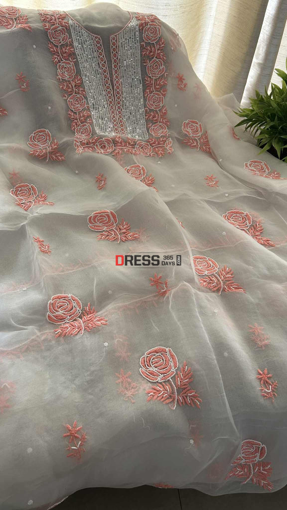 Exclusive White & Peach Organza Pearl Chikankari Suit Chikankari Suits
