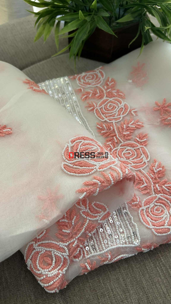 Exclusive White & Peach Organza Pearl Chikankari Suit Chikankari Suits