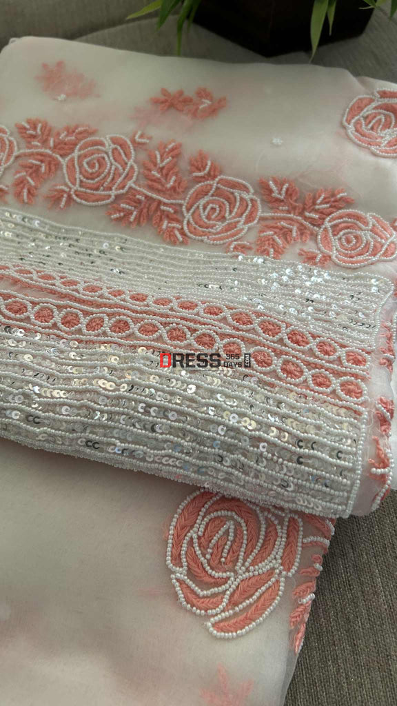 Exclusive White & Peach Organza Pearl Chikankari Suit Chikankari Suits