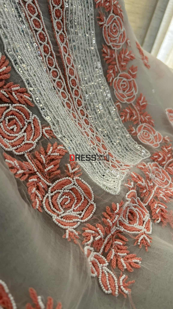Exclusive White & Peach Organza Pearl Chikankari Suit Chikankari Suits