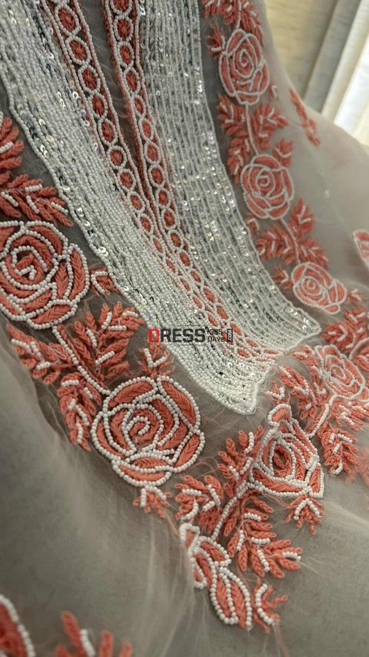 Exclusive White & Peach Organza Pearl Chikankari Suit Chikankari Suits