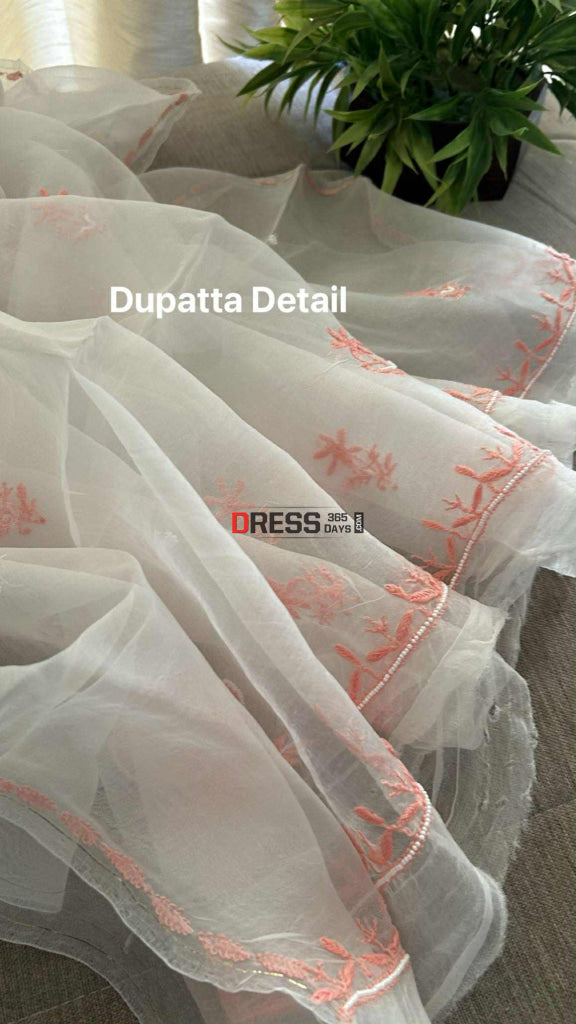 Exclusive White & Peach Organza Pearl Chikankari Suit Chikankari Suits