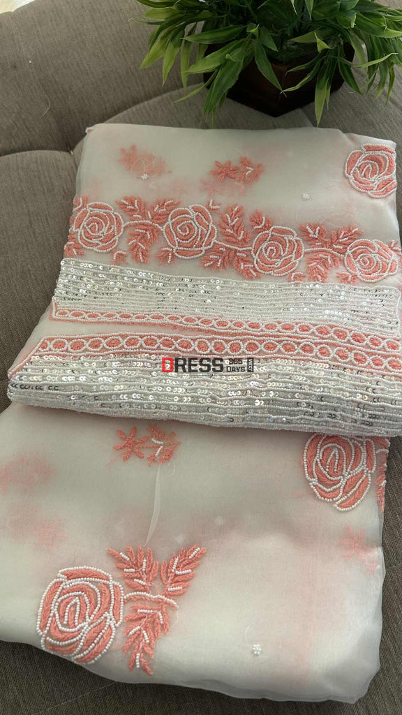 Exclusive White & Peach Organza Pearl Chikankari Suit Chikankari Suits