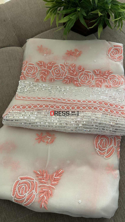 Exclusive White & Peach Organza Pearl Chikankari Suit Chikankari Suits