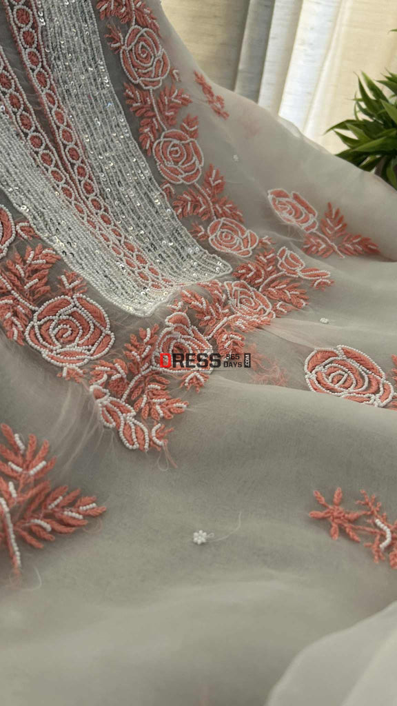 Exclusive White & Peach Organza Pearl Chikankari Suit Chikankari Suits