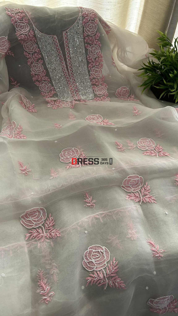 Exclusive White & Pink Organza Pearl Chikankari Suit Chikankari Suits