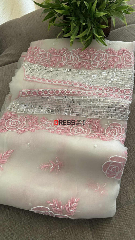 Exclusive White & Pink Organza Pearl Chikankari Suit Chikankari Suits
