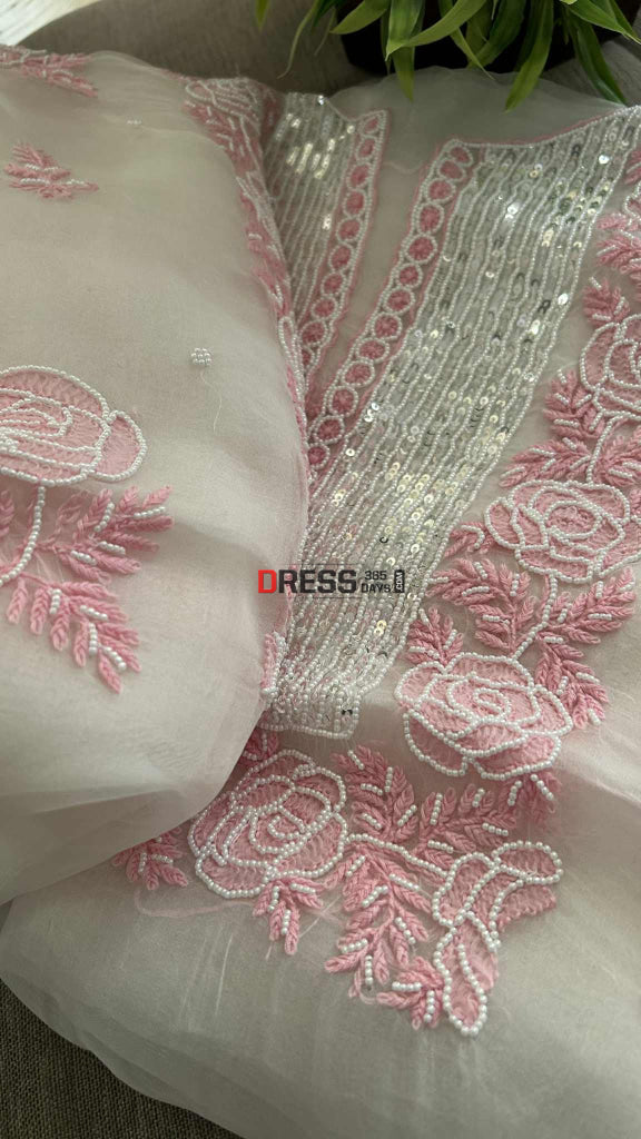 Exclusive White & Pink Organza Pearl Chikankari Suit Chikankari Suits