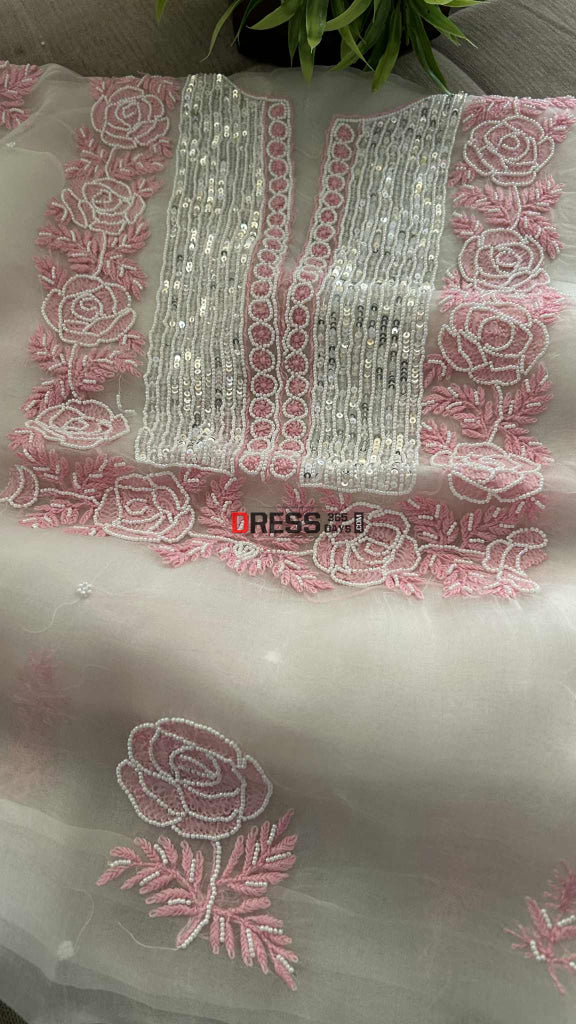 Exclusive White & Pink Organza Pearl Chikankari Suit Chikankari Suits