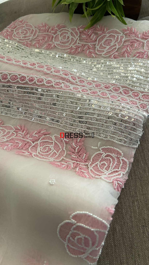 Exclusive White & Pink Organza Pearl Chikankari Suit Chikankari Suits