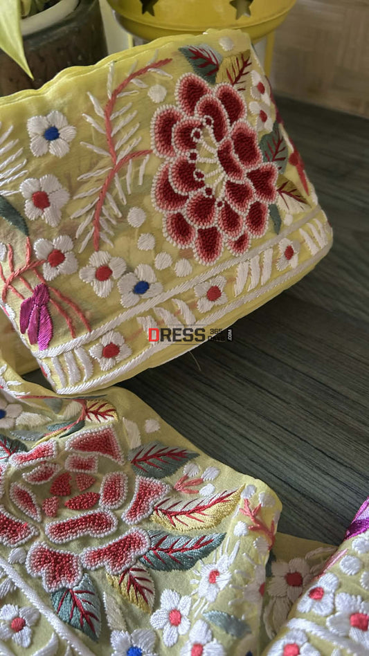 Exclusive Yellow Parsi Gara Floral Border - Parsi Laces