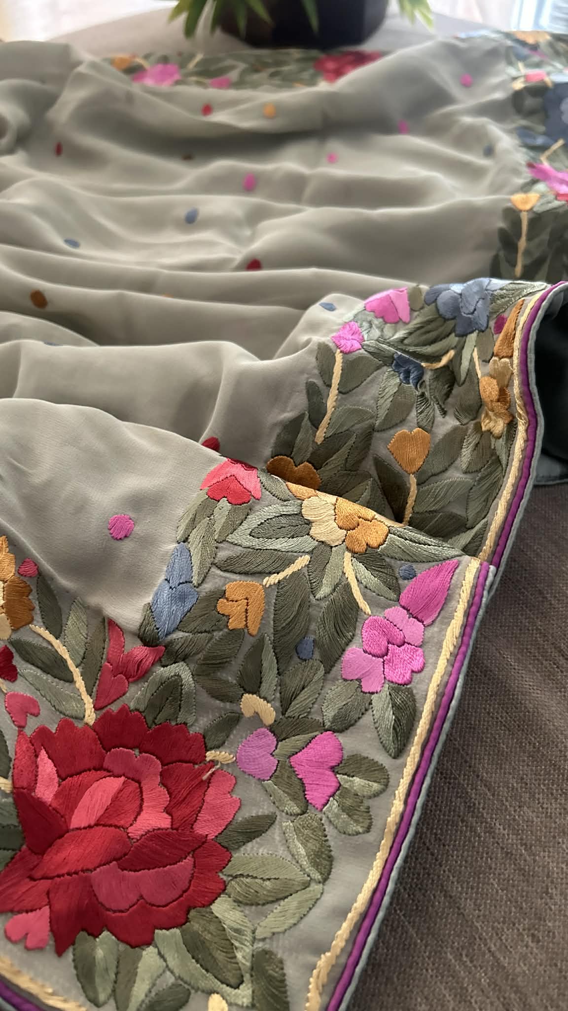 Designer Sage Green Parsi Gara Dupatta