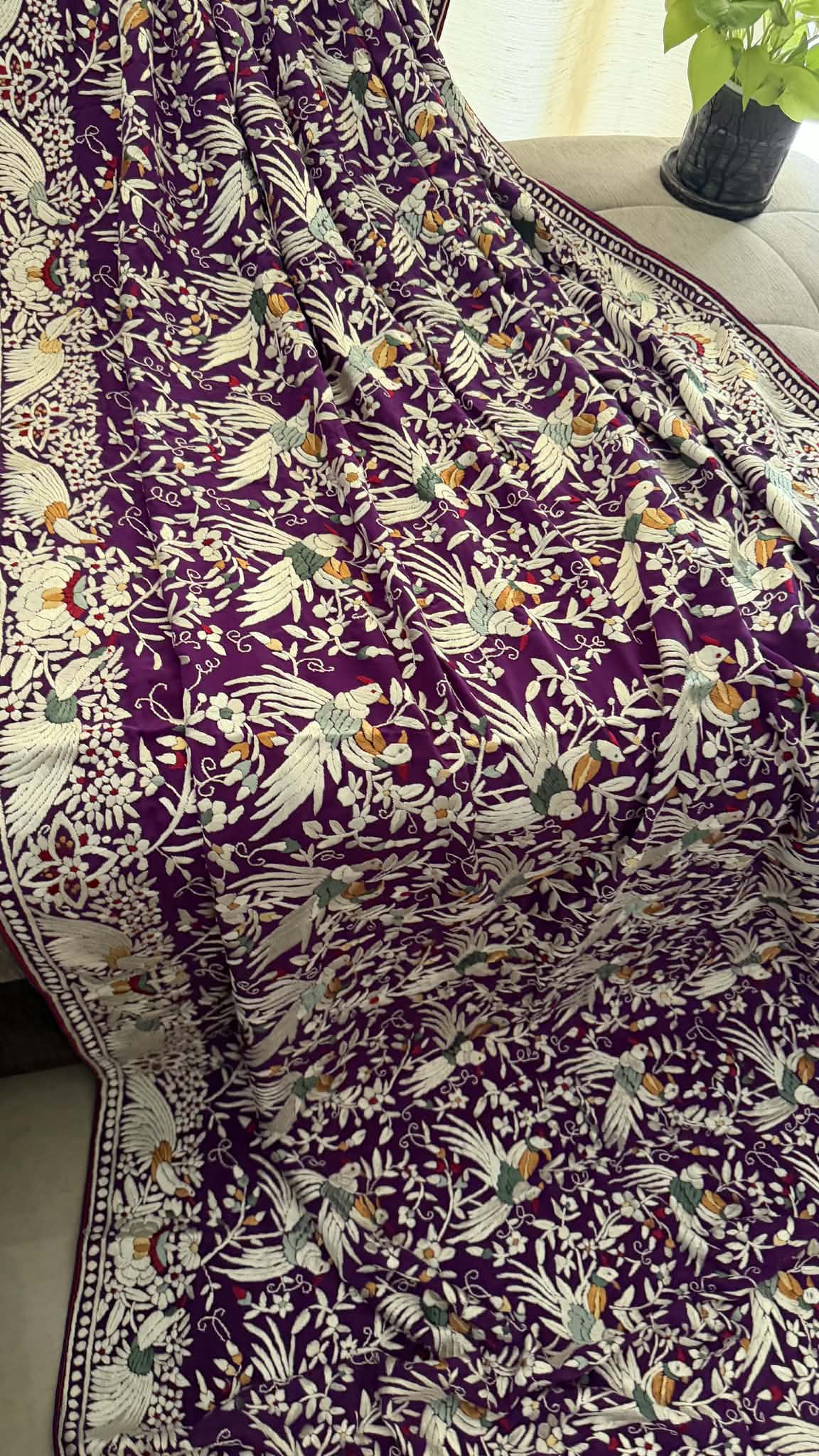 Designer Purple Parsi Gara Hand Embroidered Dupatta