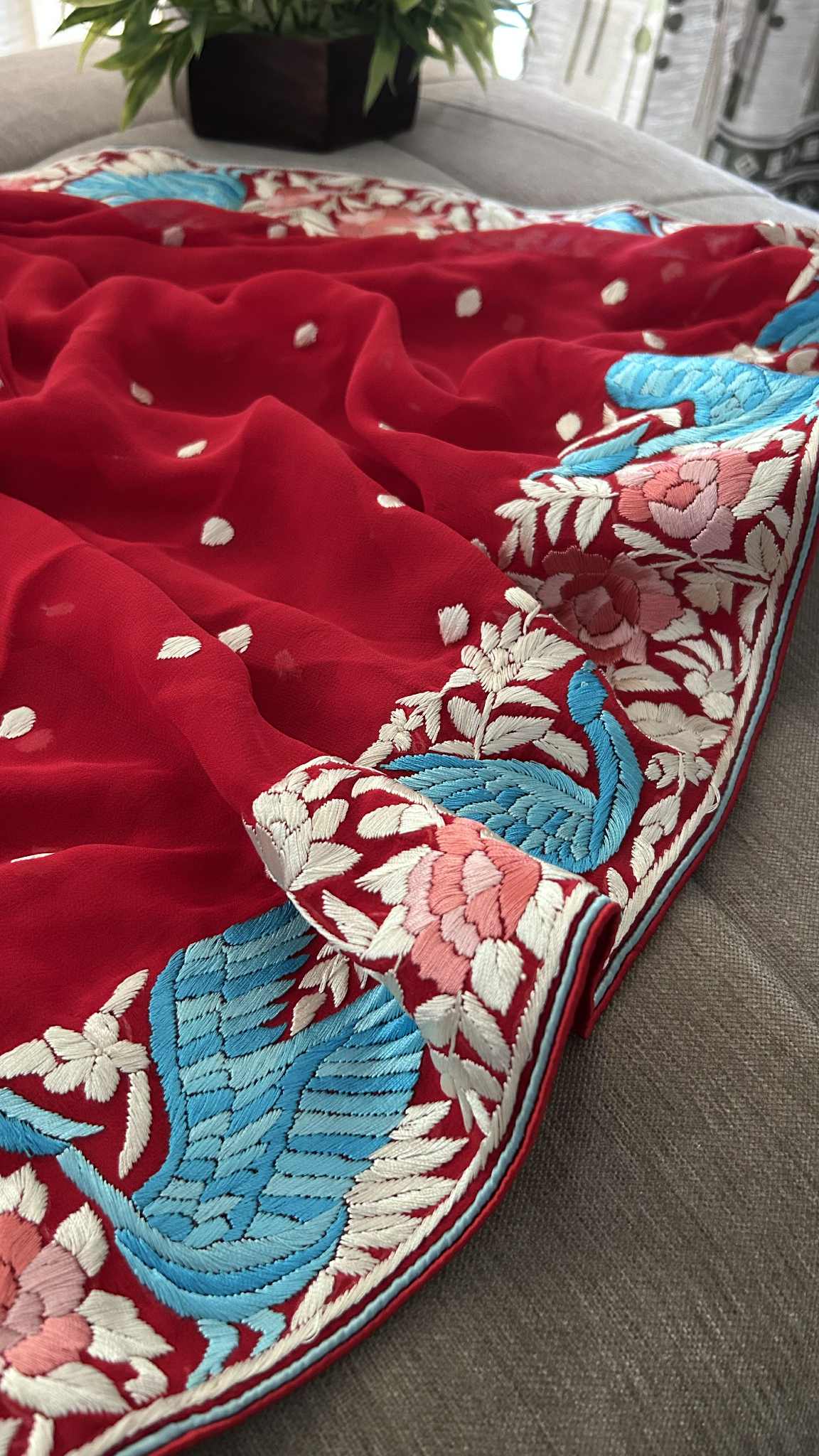 Pre Order Designer Red Parsi Gara Hand Embroidered Dupatta