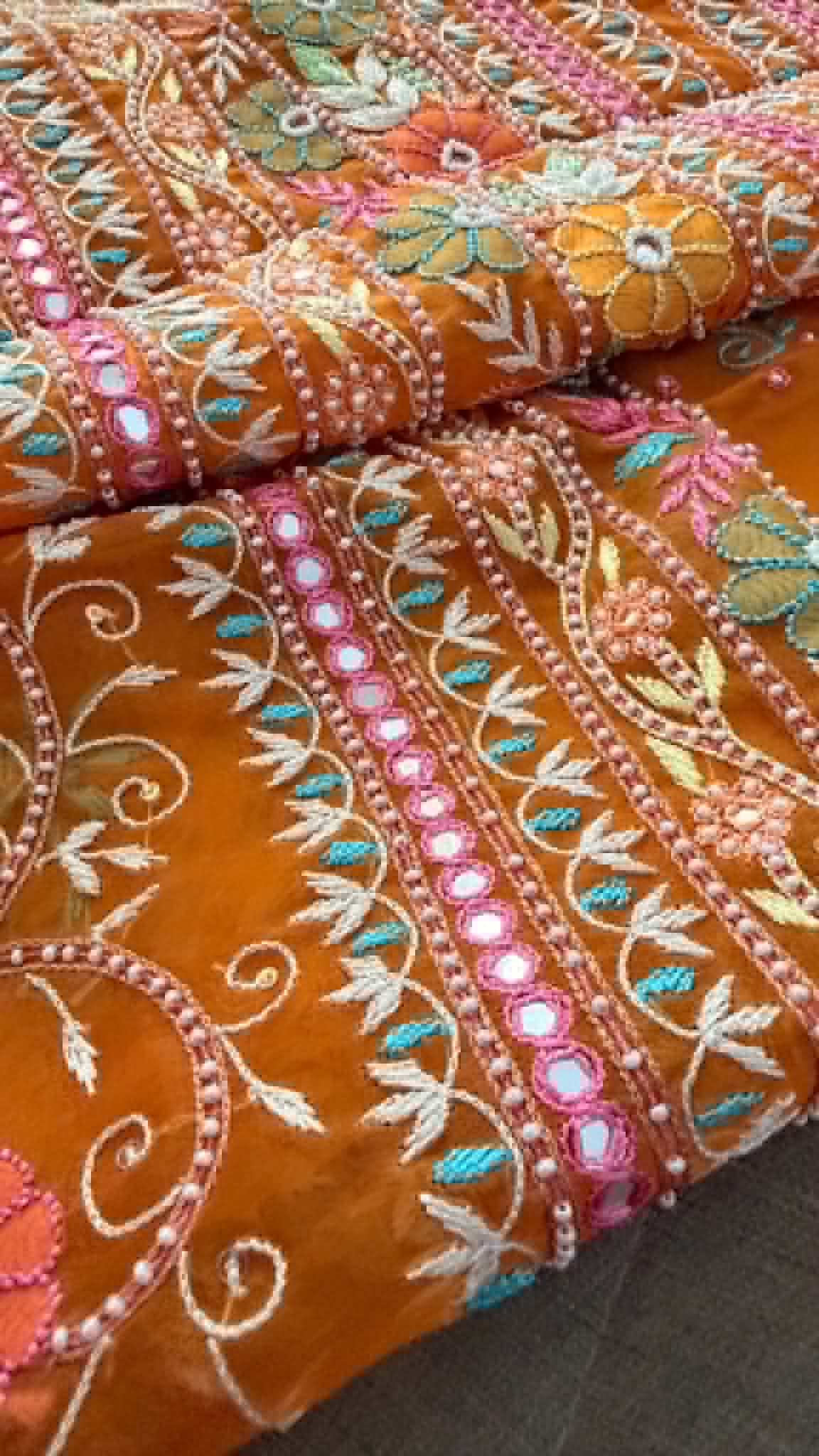 Luxury Pearl Handcrafted Organza Chikankari Suit- Rust