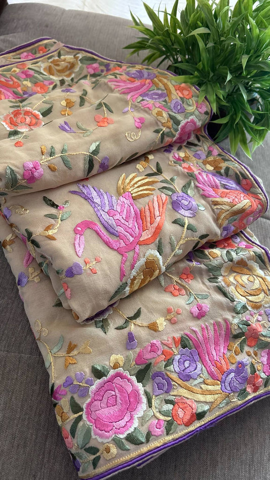 Beige Multicolour Parsi Gara Hand Embroidered Saree