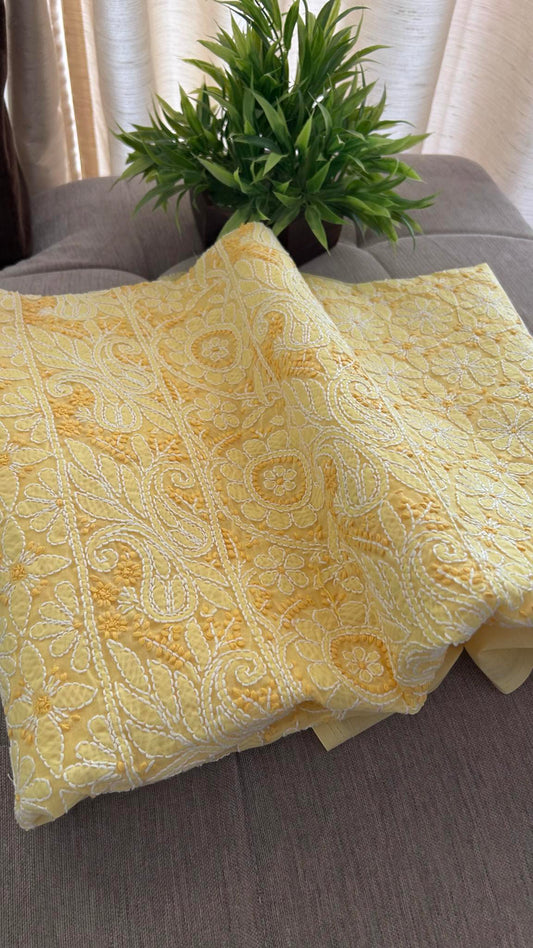 Yellow Cotton Chikankari Kurti Fabric (Kurti Fabric)