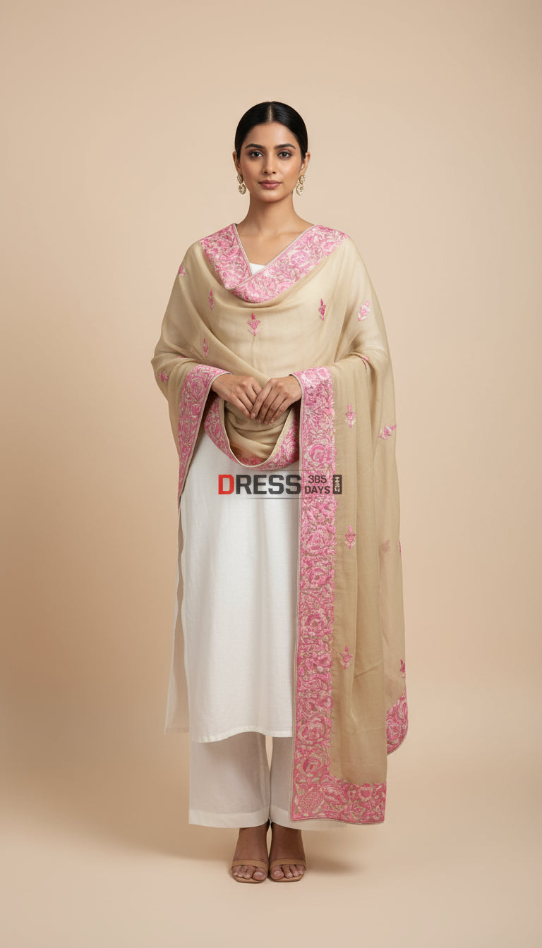 Fawn & Pink Parsi Gara Dupatta