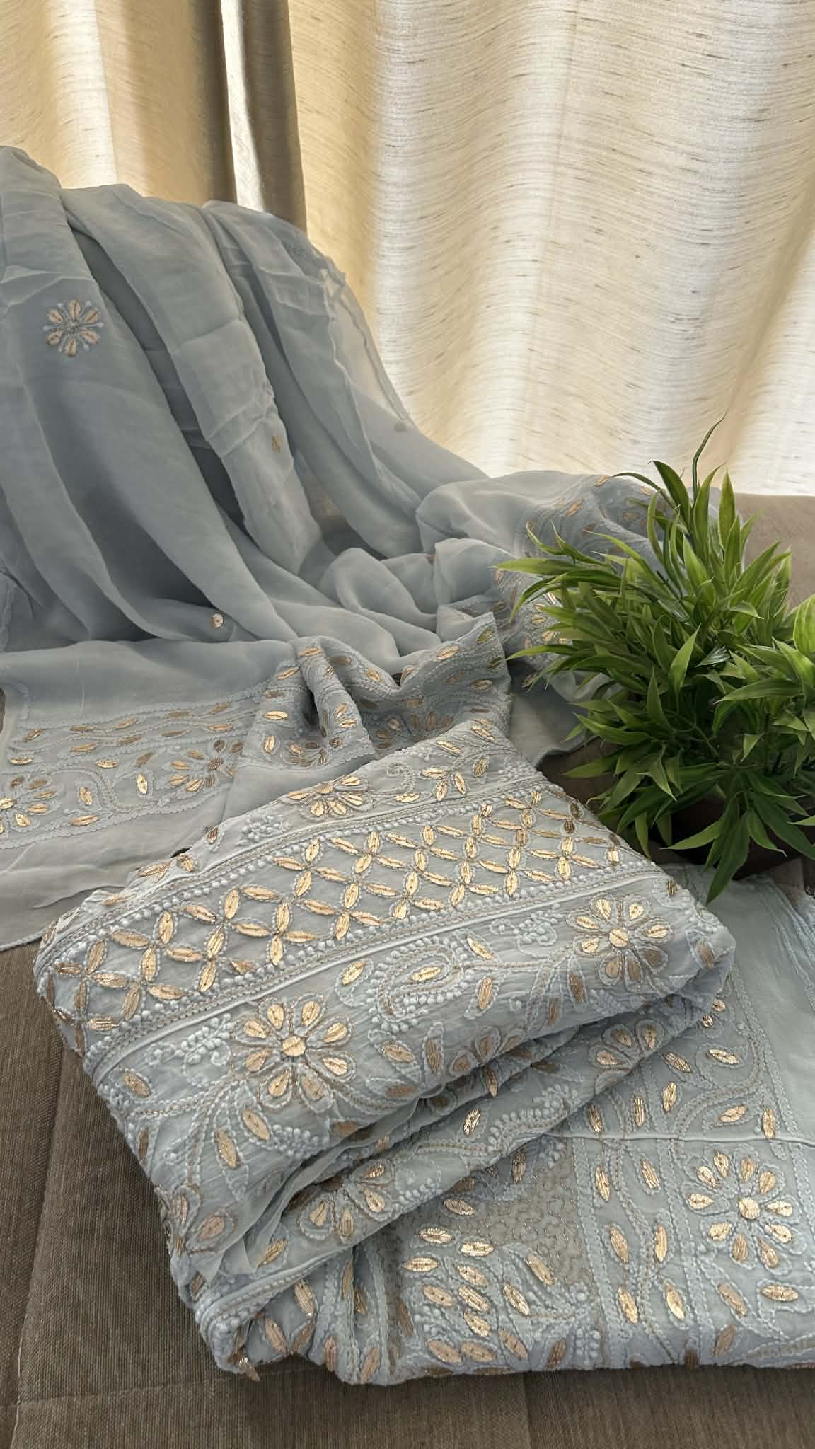 Greyish Blue Gota Patti Chikankari Anarkali Suit (Anarkali And Dupatta)