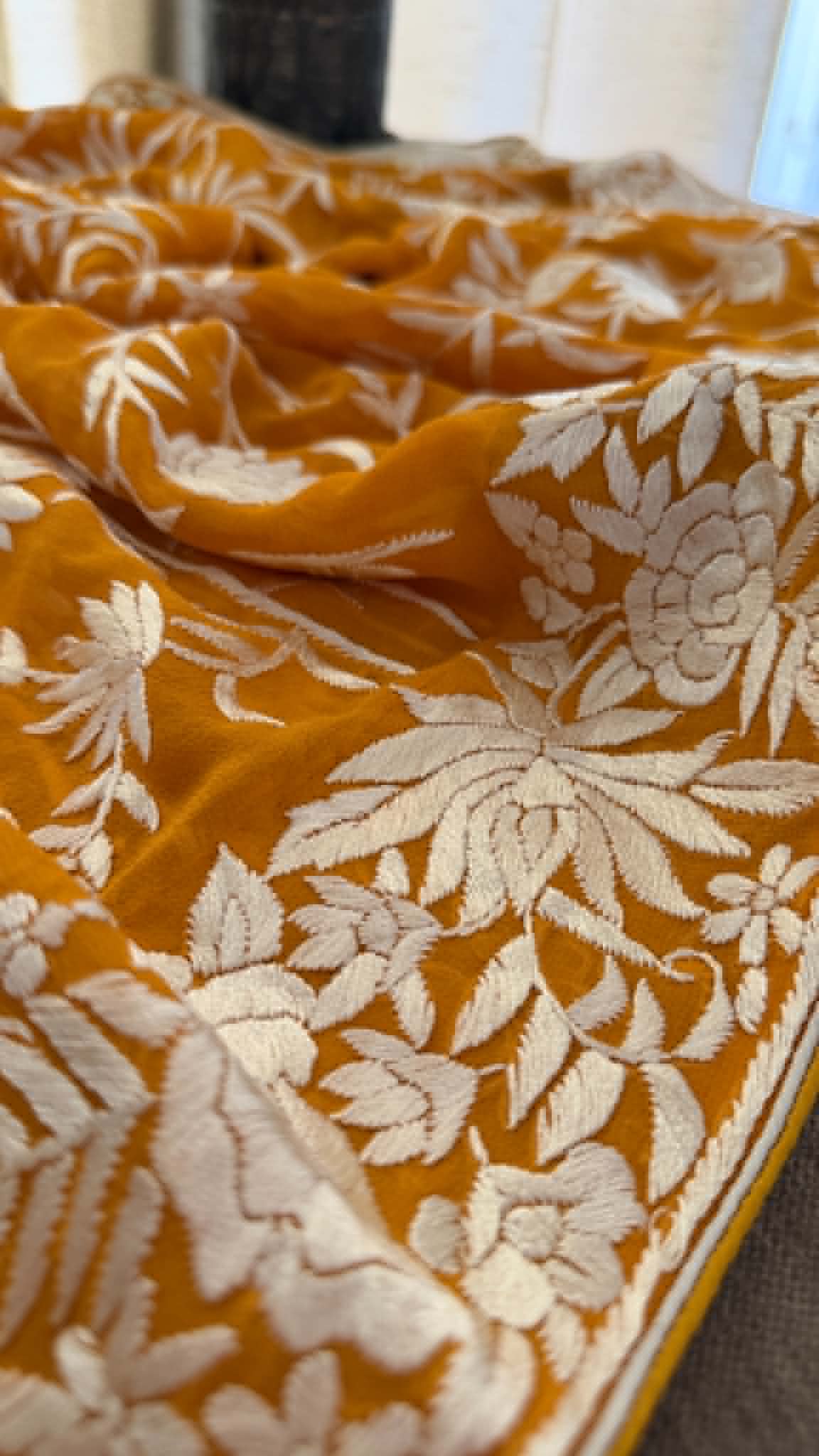Elegant Mustard Yellow Parsi Gara Dupatta