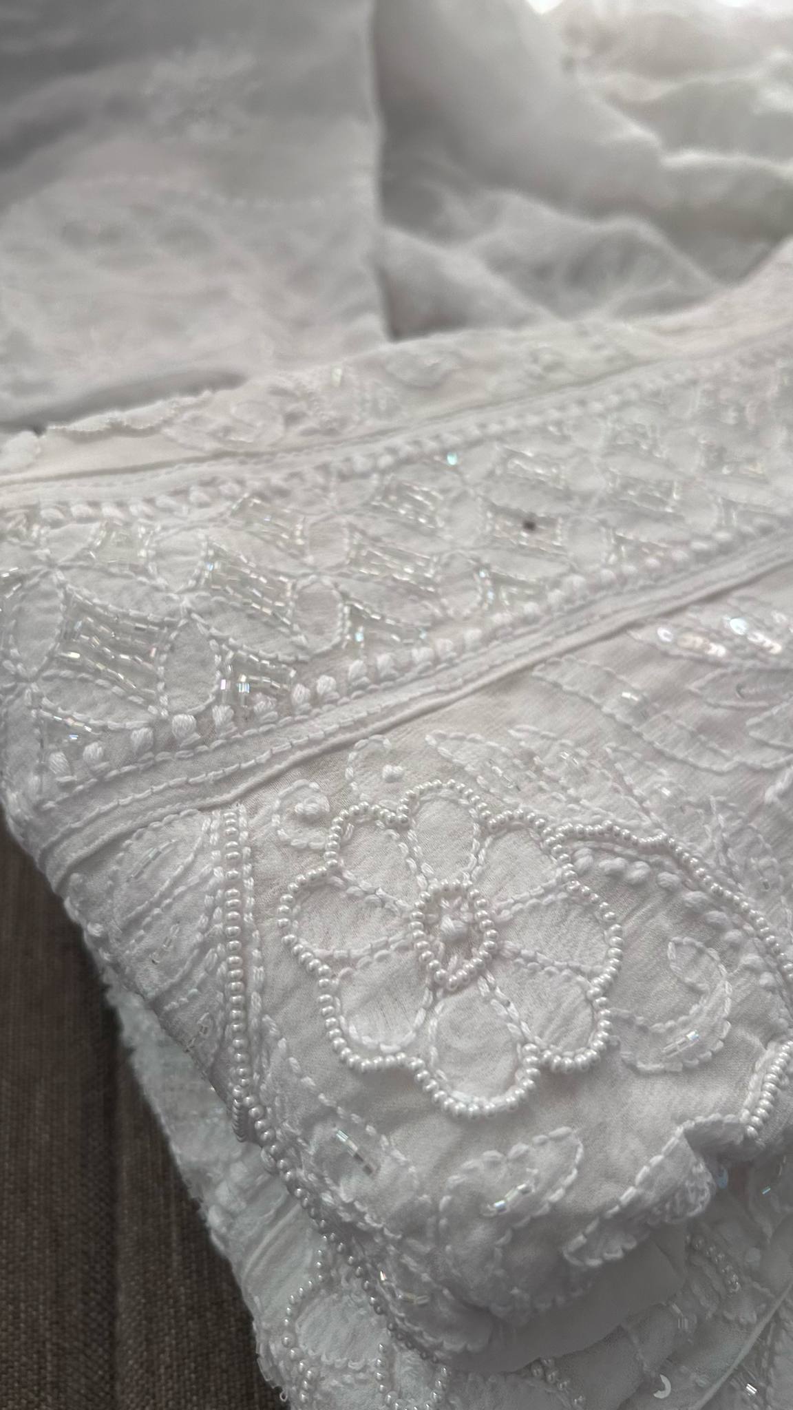 White Cut Dana Pearl Sequin Chikankari Anarkali Suit