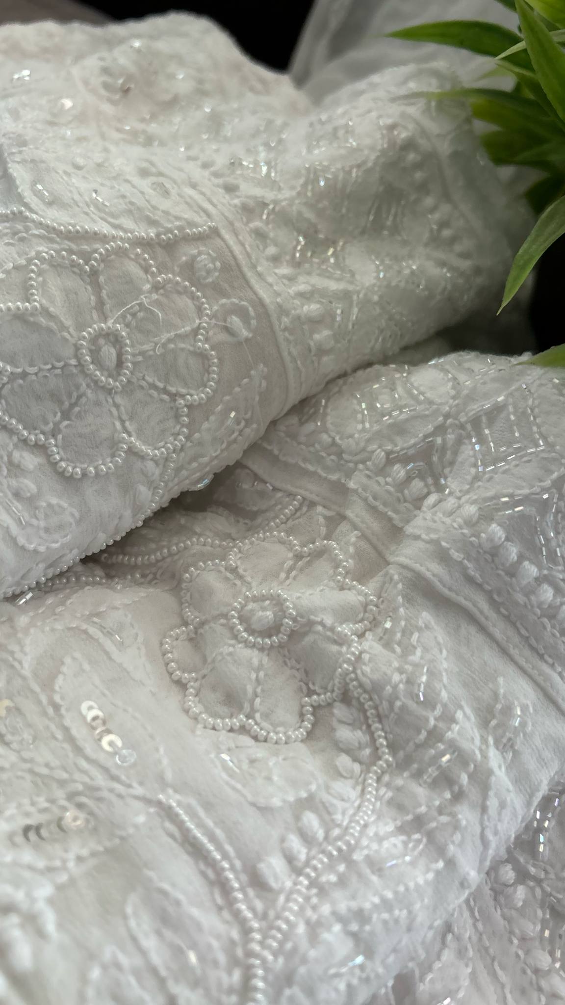 White Cut Dana Pearl Sequin Chikankari Anarkali Suit