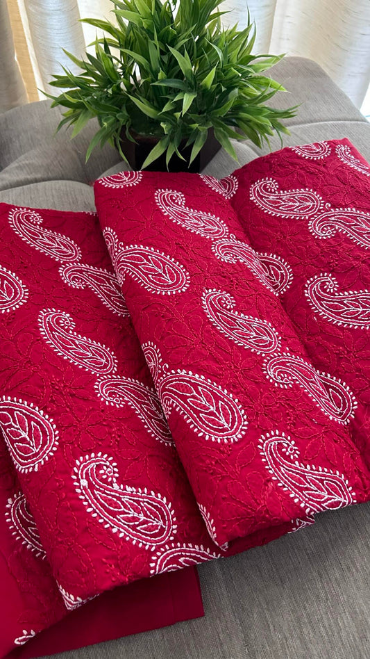 Red Cotton Chikankari Kurti Fabric (Kurti Fabric)