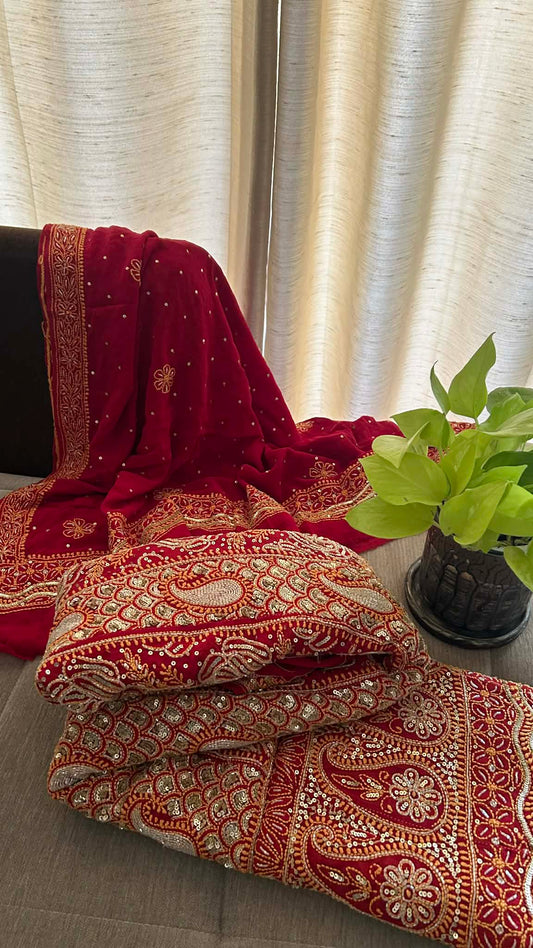 Masterpiece Red Cut Dana & Sequins Work Chikankari Anarkali Suit