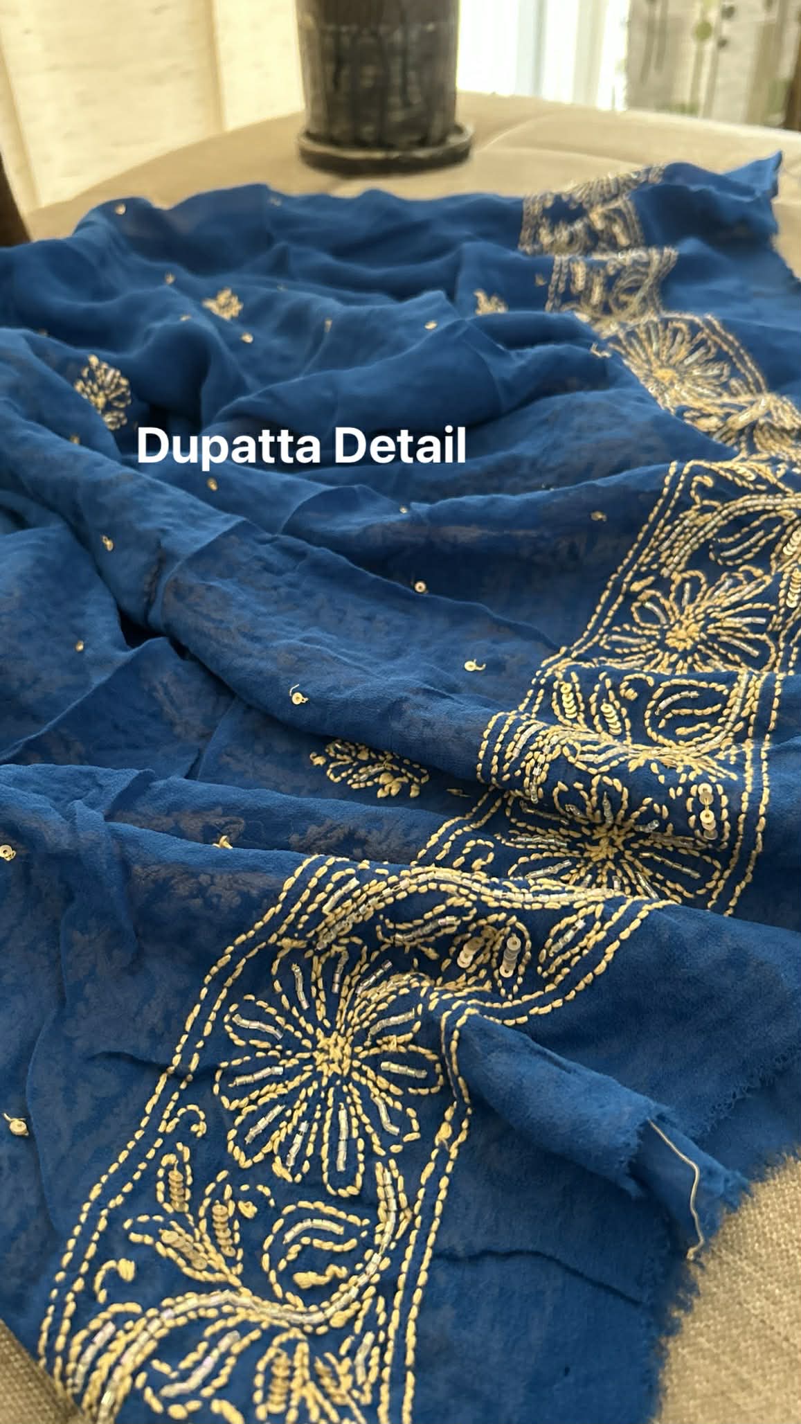 Blue Masterpiece Cut Dana Sequin Chikankari Suit (Kurta & Dupatta)