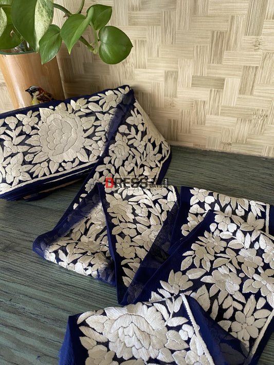 Fine Embroidery Parsi Gara Border- Navy & Ivory