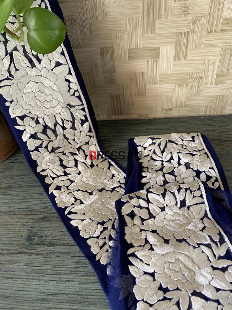 Fine Embroidery Parsi Gara Border- Navy & Ivory