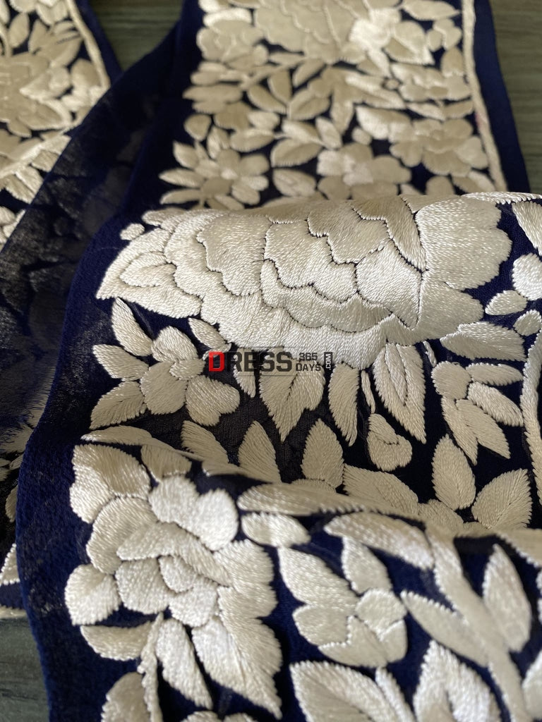 Fine Embroidery Parsi Gara Border- Navy & Ivory