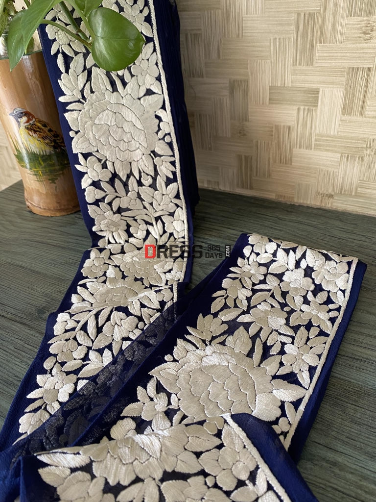 Fine Embroidery Parsi Gara Border- Navy & Ivory