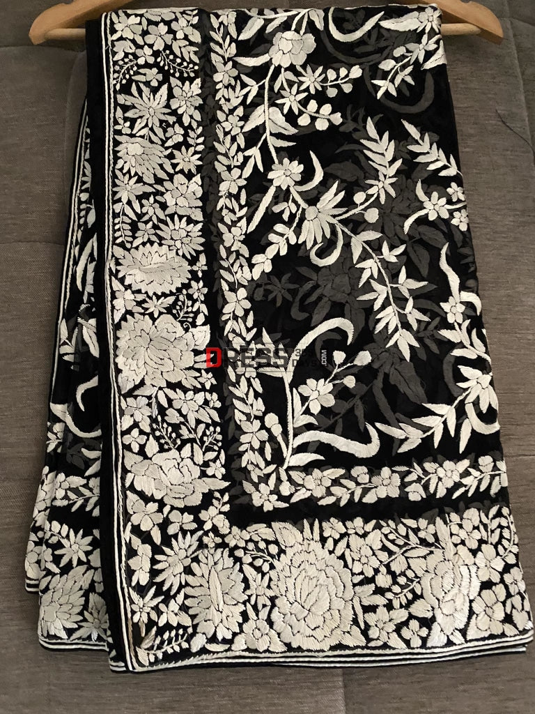 Floral Black & Ivory Parsi Gara Dupatta