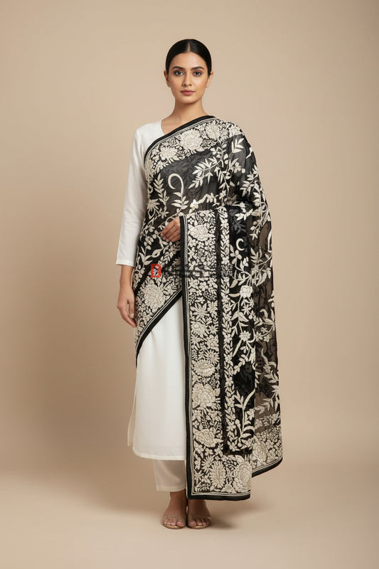 Pre Order Floral Black & Ivory Parsi Gara Dupatta