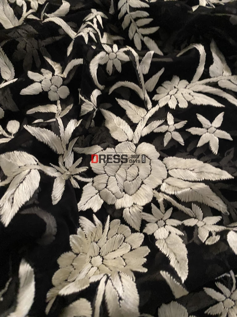 Floral Black & Ivory Parsi Gara Dupatta