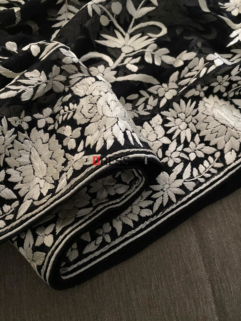 Floral Black & Ivory Parsi Gara Dupatta