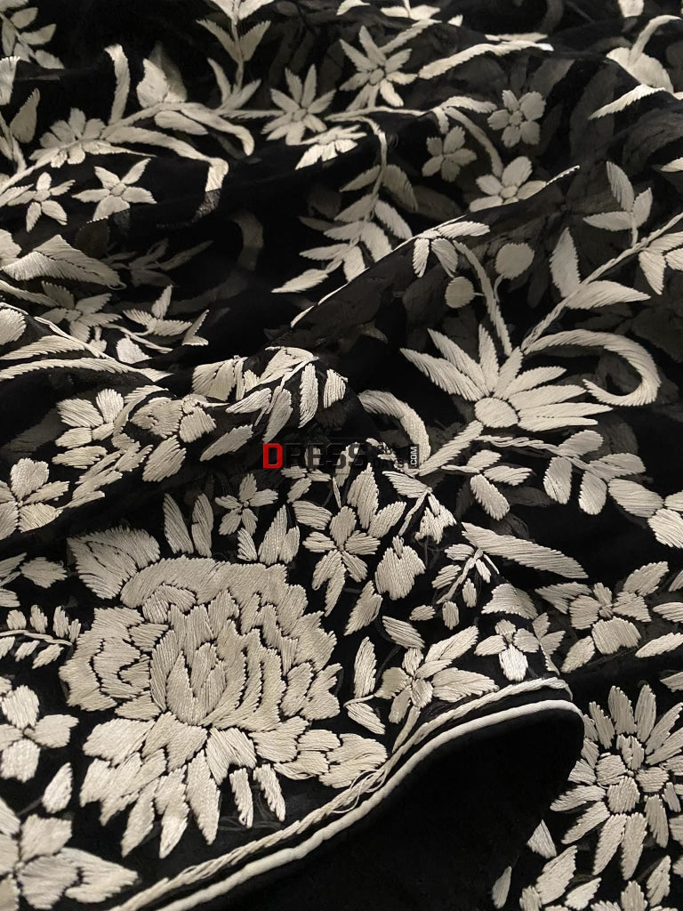 Floral Black & Ivory Parsi Gara Dupatta